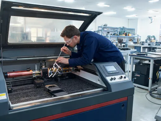 Laser setup technician checking optics