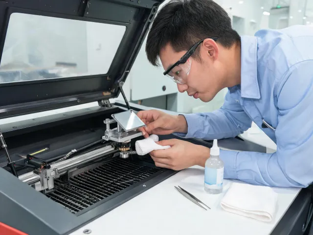 Laser operator checking alignment and lens care