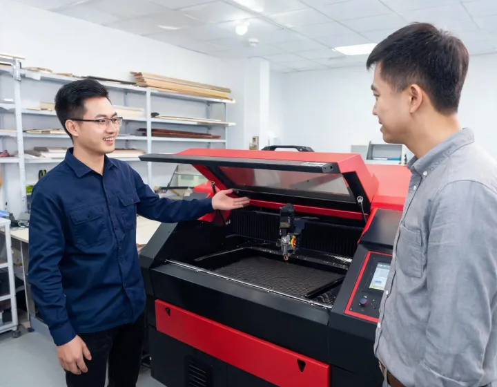 Laser technician helping with machine setup